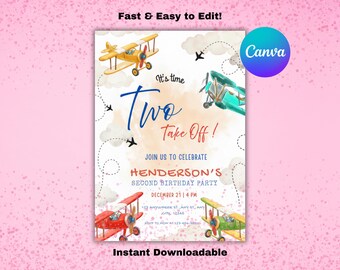 Digital Airplane 2nd Birthday Invitation, Sky Theme, Canva Template