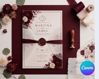 Burgundy Wedding Invitation | Maroon Floral Wedding Invite | Vellum Wrap Marriage Template | Digital Download Fall Wedding Ceremony
