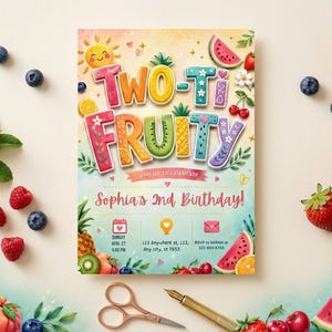 Zwei-tti Fruchtige Einladung, Sommer-Zitrusfrucht-Themaparty, Mädchen laden Zweiter Geburtstags-Obstparty ein, Canva-Vorlage