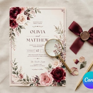 May include: A wedding invitation card featuring burgundy and blush floral illustrations, gold-toned text reading Olivia and Matthew, a magnifying glass, a burgundy ribbon with a wax seal, and a gold pen on a neutral fabric background.