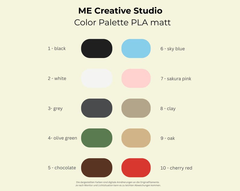 May include: Color palette featuring ten matte PLA colors, including black, white, grey, olive green, chocolate, sky blue, sakura pink, clay, oak, and cherry red. The colors are displayed in rounded rectangular shapes with corresponding numbers.