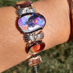 Austrailian Boulder opal Bracelet - Oregon Sunstone Bracelet - Sterling Silver Bracelet - Boulder Opal Cab - Oregon Sunstone Cab - #302