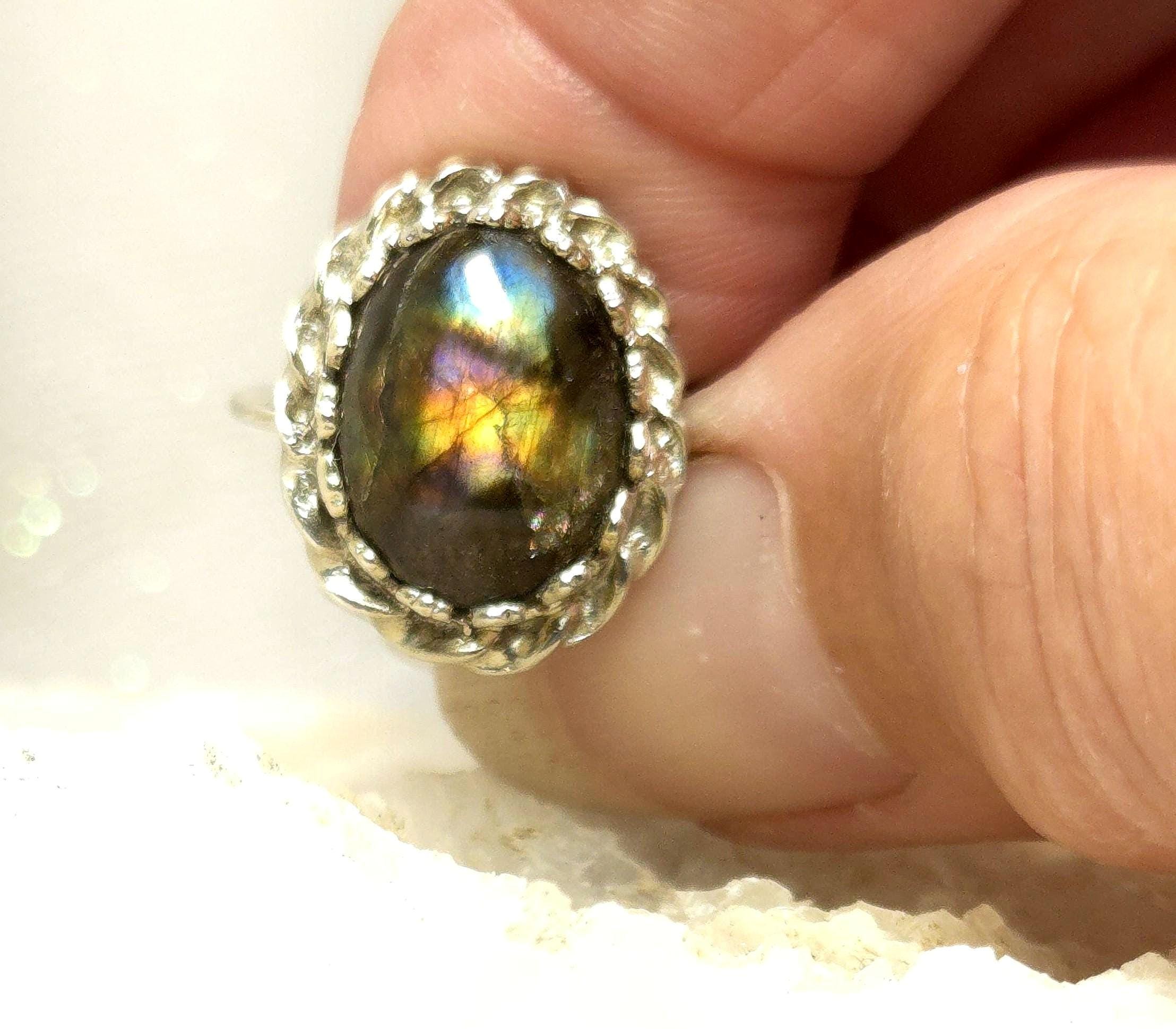 Labradorite Cabochon Ring in Sterling Silver Setting, Round Cab