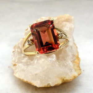 Oregon Sunstone  Ring -Red Oregon Sunstone Ring - Emerald Cut Oregon Sunstone Ring - 14kt Gold - Diamond Accent Ring -sz 6.25 -  #10
