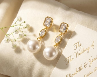 Gold Crystal Pearl Dangle Earrings, Rectangle CZ Bridal Drops, Wedding Jewelry, Gift for Bride Bridesmaid
