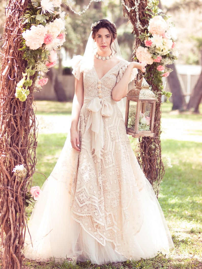 Antique Beige Lace & Tulle Wedding Dress image 2