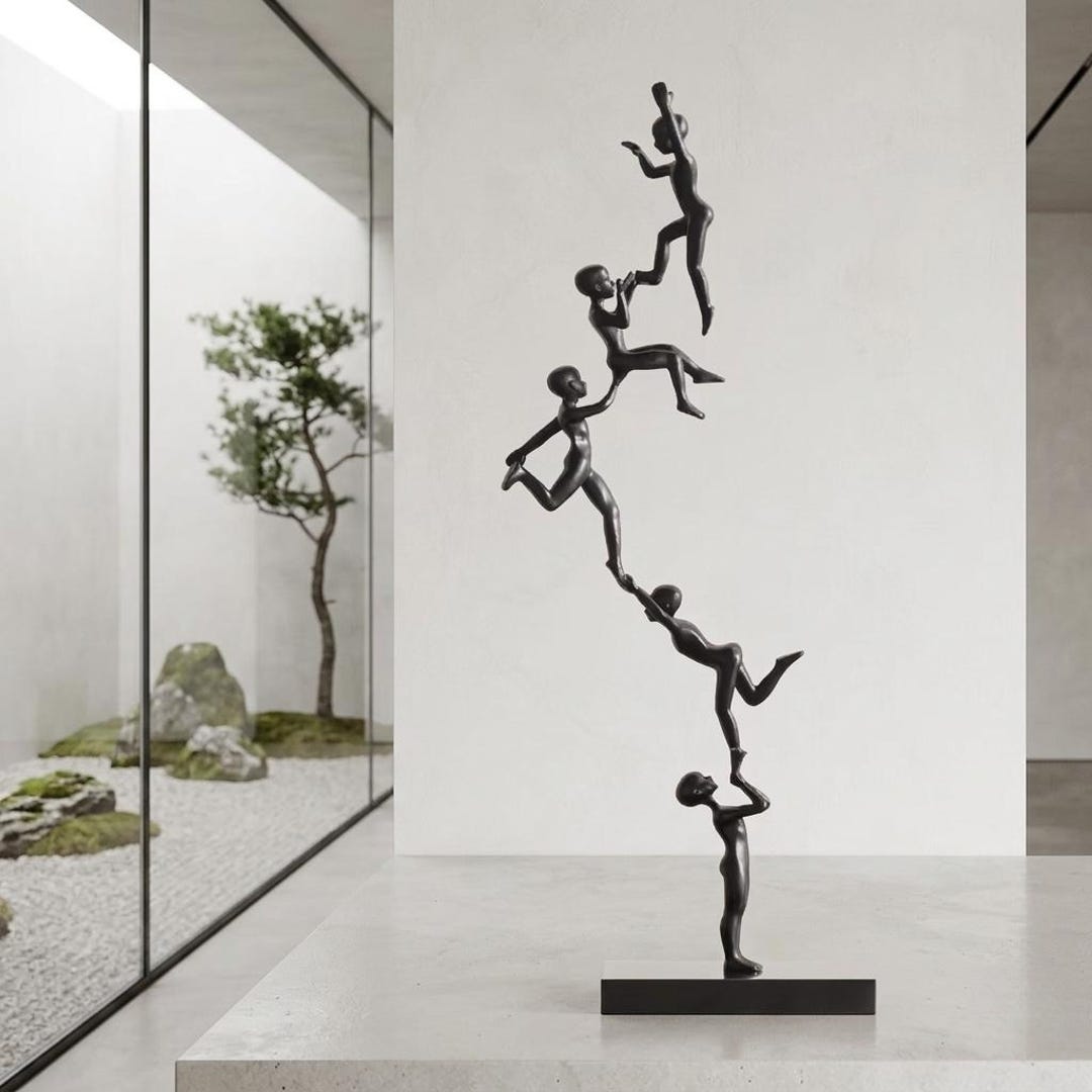 Abstract Metal Human Pyramid Figurine, Modern Black Gymnast Statue for ...
