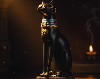 Estatua de la gata Bastet, diosa egipcia negra y dorada, decoración de altar