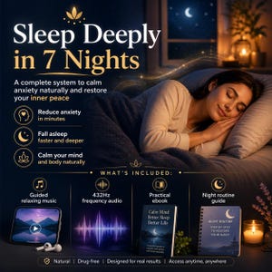 May include: Image promoting a sleep program. The image features a woman sleeping peacefully in bed, with text overlayed: "Sleep Deeply in 7 Nights." Included are a phone with relaxing music, 432Hz audio, a practical ebook, and a night routine guide.