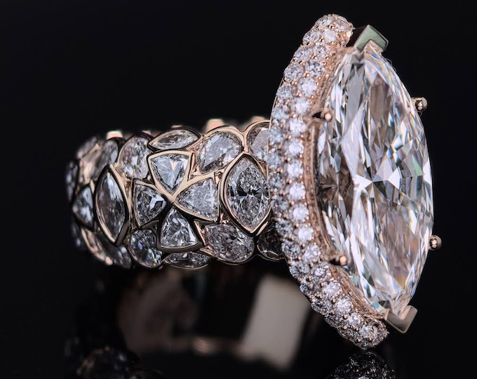 4CT IGI Certified Marquise Halo Lab Grown Diamond Engagement Ring, Floral Diamond Band, Mixed Shape Diamond Wedding Ring, Unique Bridal Ring