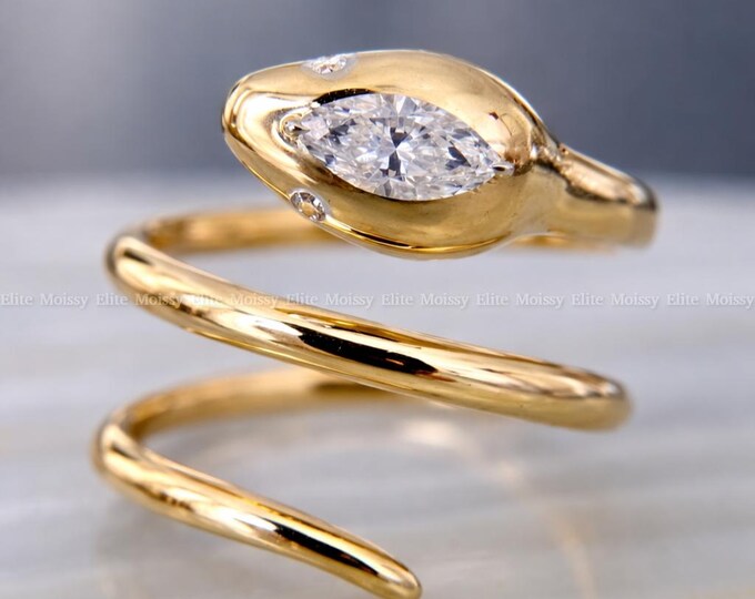 Marquise Cut Diamond Snake Spiral Ring 0.20CT Marquise Wrap Engagement Ring Vintage Style 14K Yellow Gold Open Band Ring Snake Designer Ring