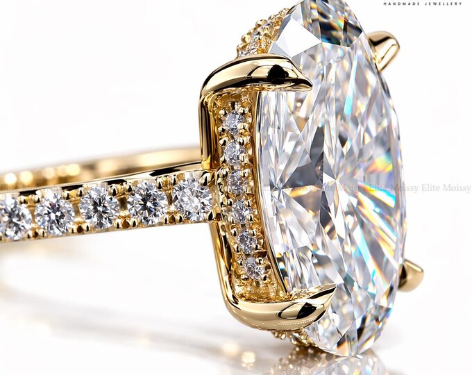 IGI Certified Lab Grown Oval Diamond Engagement Ring Wedding Pavé Band Hidden Halo 14K Solid Gold Ring