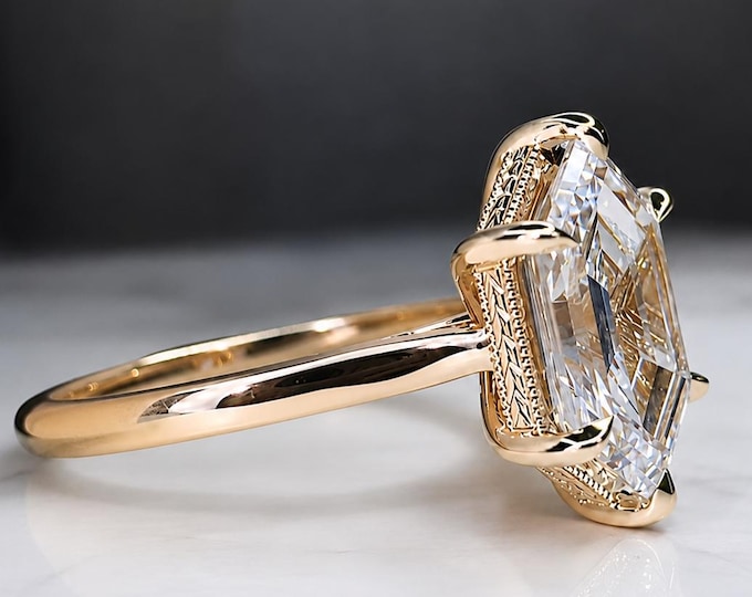Handmade Art Deco Vintage Engraved Hexagon Lab Grown Diamond Engagement Ring, Elongated Step Cut Gold Proposal Ring, Antique Inspired Ring