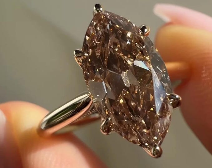 Brown Champagne Old Mine Marquise Cut Moissanite Engagement Ring 14K Yellow Gold Solitaire Ring Vintage Tulip Setting Cathedral Ring for Her