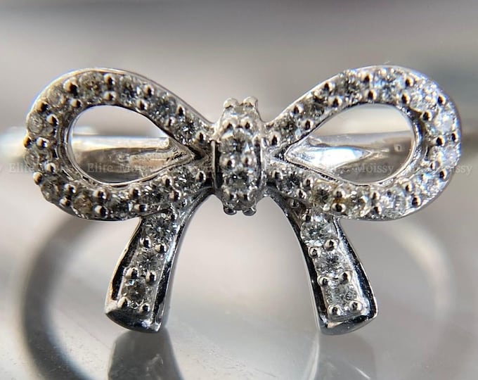 Diamond Bow Ring Pave Bow Knot Ring 9.2mm Dainty Diamond Ring Solid Gold Bow Ring Minimalist Gift for Her