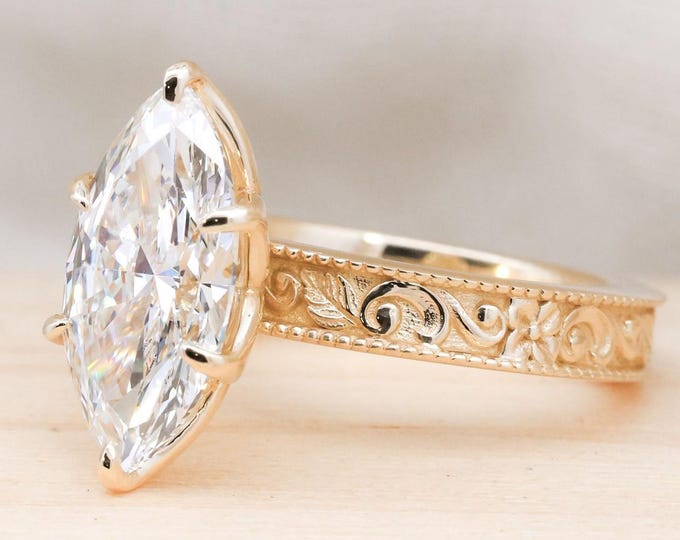 Handcrafted Engraved Floral Fairy Milgrain Ring Marquise Cut Lab Grown Diamond Ring E Color VS1 IGI Certified Tulip Setting Wedding Ring