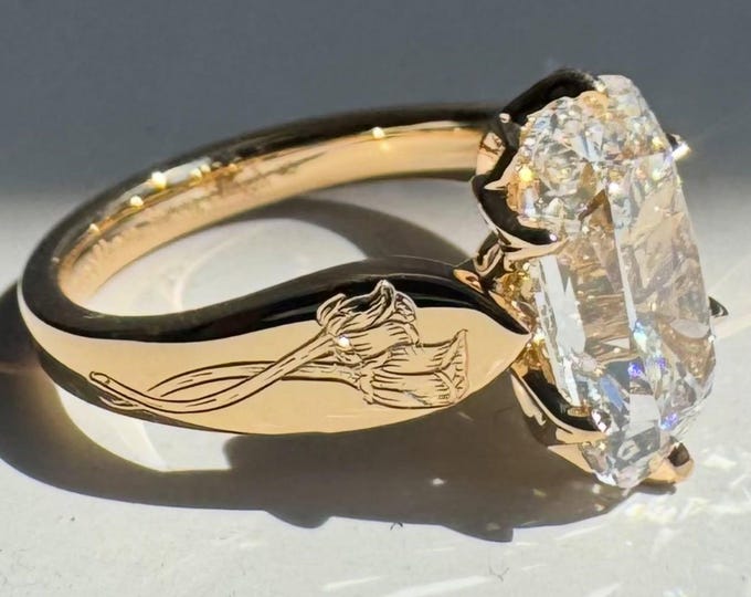 Wing Engraved Vintage Art Deco Ring, 6CT Antique Old Mine Cushion Cut Moissanite Engagement Ring, Statement Solitaire, 14K Solid Gold Ring