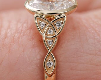 Verlobungsring mit keltischem Knotenmuster, ovaler, im Labor gezüchteter Diamant (2,00 ct), 14-karätige Goldfassung, keltischer Ehering für Sie