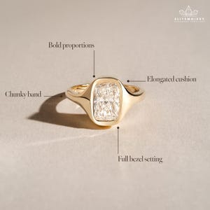 Langwerpige kussen geslepen diamanten ring dikke 14K massief gouden ring ring moderne verlovingsring oude statement solitaire minimalistische luxe ring