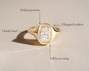 Anillo de diamantes talla cojín alargado, anillo grueso de oro macizo de 14 quilates con engaste biselado, anillo de compromiso moderno, solitario llamativo antiguo, anillo de lujo minimalista
