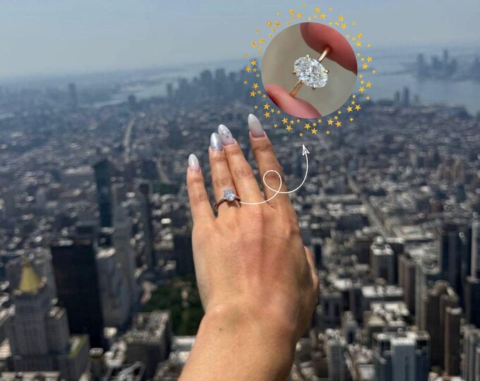 Proposal Ring, 3CT Oval Shaped Lab Grown Diamond Engagement Ring, Classic Solitaire Ring, 14K Gold Six Prong Bridal Ring, Hidden Halo Ring