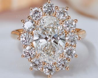 Ovaler Halo-Diamantring (3 Karat), im Labor gezüchtet, Farbe E, Reinheitsgrad VVS2, 14 Karat Massivgold, Verlobungsring im Vintage-Stil, Statement-Brautring