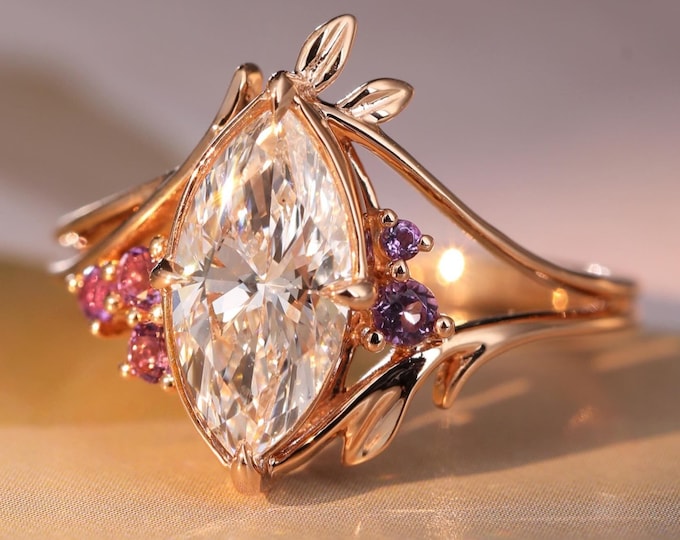 Amethyst Cluster Marquise Moissanite Engagement Ring Leaf Vine Ring 14K Solid Gold Purple Gemstone Floral Promise Ring Unique Bridal Ring