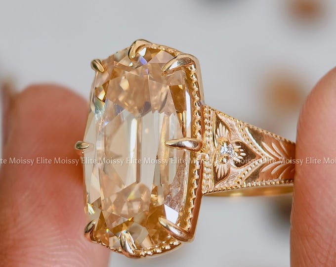 Old Mine 7 CT Elongated Cushion Cut Moissanite Ring Bezel Set Engagement Ring 14K Gold Wedding Ring Antique Diamond Ring Anniversary Ring