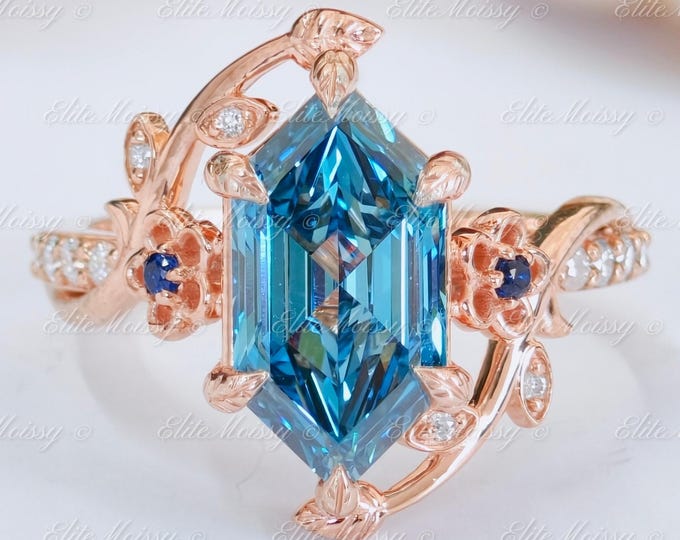 Blue Hexagon Step Cut IGI Certified Lab Grown Diamond Engagement Ring Nature Inspired Floral Leaf Designer Ring 14K Rose Gold Wedding Ring