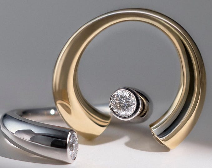 Round Bezel Set Lab Grown Diamond Ring Open Ring 14K Solid Gold Wrap Ring Contemporary Bypass Ring Everyday Fine Band
