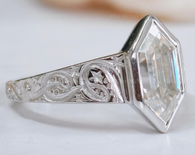 2CT Hexagon Cut Moissanite Engagement Ring 14K Solid Yellow Gold Art Deco Hand Engraved Bezel Setting Ring Handcrafted Wedding Ring