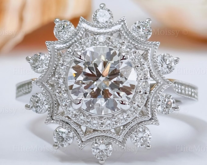 Vintage Halo Diamond Engagement Ring Round Brilliant Center Stone Ring IGI Certified Diamond Ring Floral Halo Setting Art Deco Ring