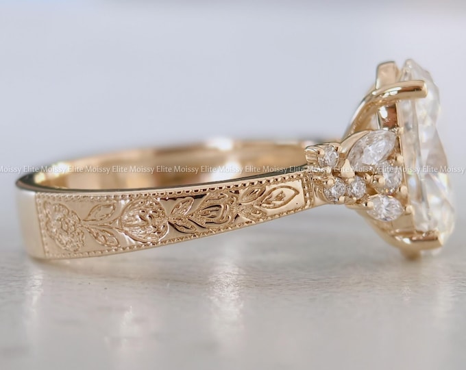 3CT Oval Cut Moissanite Diamond Engagement Ring Hand Engraved Floral Gold Cluster Band Art Deco Antique Style 14K Yellow Gold Bridal Ring