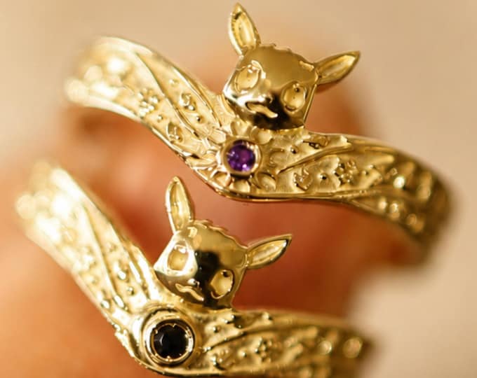 Handmade Art Deco Engraved Fantasy Cat Ring Set, Celestial Gold Promise Rings, Sun Moon Couple Ring, Matching Animal Rings, Anniversary Gift