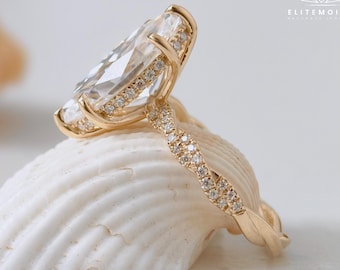 4CT Marquise Moissanite Engagement Ring 14K Solid Gold Twisted Shank Diamond Wedding Band Solitaire Hidden Halo Proposal Ring for Mom