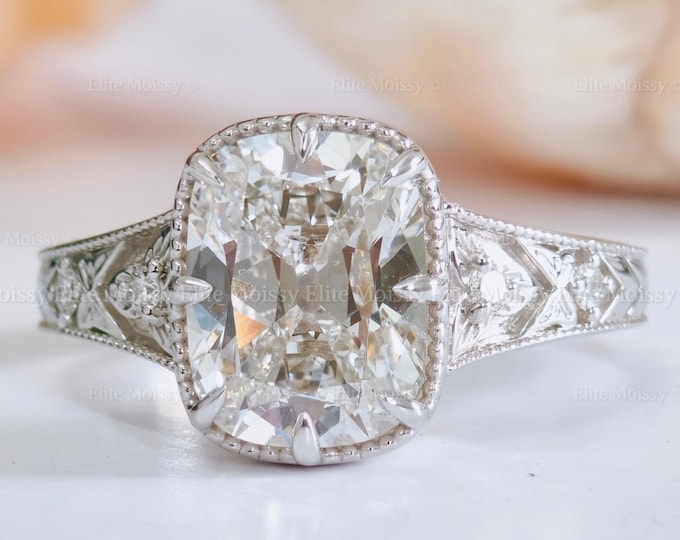 3.20CT Old Mine Cushion Cut Lab Grown Diamond Engagement Ring Hand Crafted Engrave Vintage Stye Engraved Wedding Band Filigree Art Deco Ring