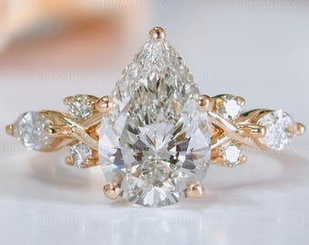 Verlobungsring mit 2,08 ct birnenförmigem, im Labor gezüchtetem Diamanten (IGI-zertifiziert, Farbe E, Reinheit VS1), Vintage-Stil, 14 Karat massives Gold, Solitärring, Cluster-Brautring