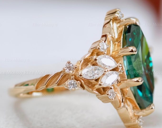 Art Deco Green Marquise Cut Moissanite Engagement Ring Nature Inspire Marquise Wedding Ring Cluster Diamond Leaf Designer Ring for Her