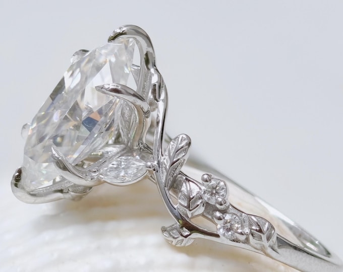Nature Inspired Engagement Ring in Dutch Marquise Cut Lab Grown Diamond, Leaves and Petal Design, Handcrafted Wedding Ring, Anniversary Gift