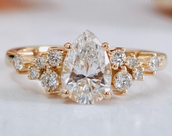 Verlobungsring mit 1,20 ct birnenförmigem, im Labor gezüchtetem Diamanten (Farbe D, VVS1), Cluster-Diamantring aus 14 Karat Massivgold für Damen, Ehering