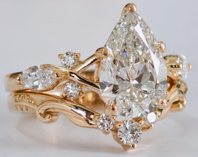 Vintage Style Lab Grown Diamond Bridal Set, Pear Floral Engagement Ring Nature Inspired leaf Design Bridal Ring Set