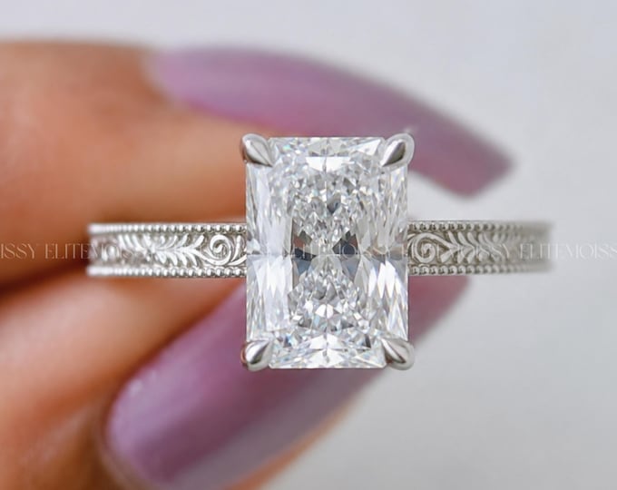 4 Carat Radiant Cut Moissanite Engagement Ring | Handcrafted Vintage Filigree Art Deco Solitaire Ring | Unique Promise Ring for Women