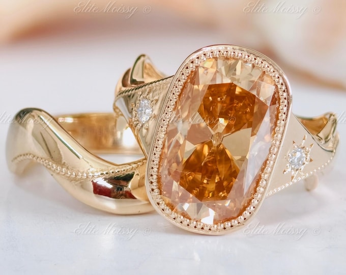 Custom 5CT Old Mine Elongated Champagne Cushion Cut Moissanite Bridal Ring Set 14K Solid Yellow Gold Starburst Engraved Milgrain Ring