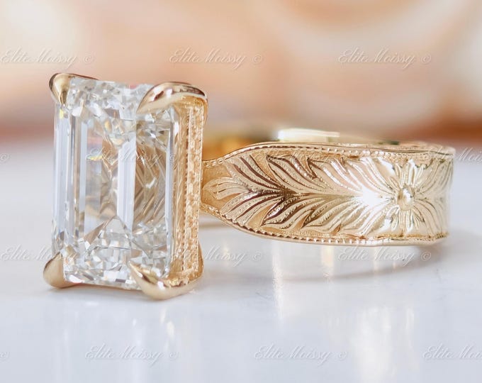 Vintage Hand Engraved Art Deco Band D Color E VVS1 Emerald Cut Lab-Grown Diamond Ring Solitaire Engagement Ring 10K Solid Gold Ring for Her
