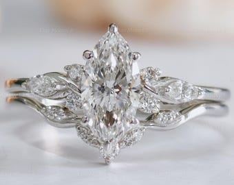 Vintage Style Labradorit Diamant Braut Ring Set, Marquise Floral Verlobungsring Natur Inspiriert Blatt Design Braut Ring Set