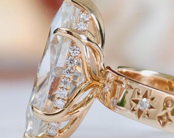 Verlobungsring im Art-déco-Stil mit Sterngravur, 4 Karat Moissanit im Marquise-Schliff, einzigartige Tulpenfassung, 18 Karat massiver Gold-Ehering für Damen