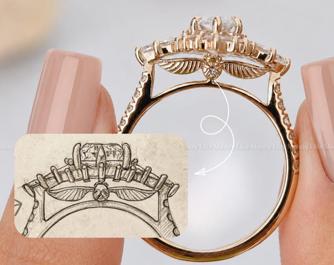 Fantasy Golden Snitch Inspired Ring, 2CT Marquise Cut Lab Grown Diamond Engagement Ring, IGI Certified Starburst Halo Bridal Ring