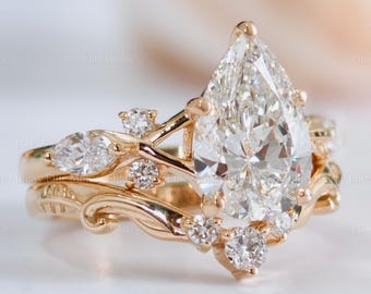 Vintage Style Labradorit Diamant Braut Ring Set, Birne Floral Verlobungsring Natur Inspiriert Blatt Design Braut Ring Set