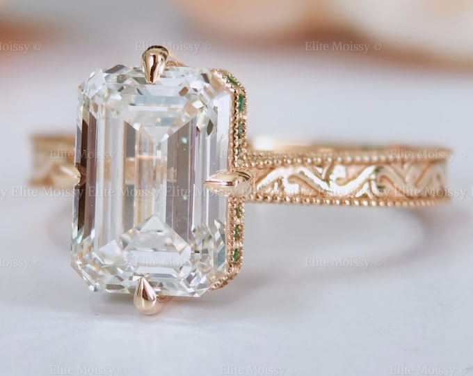 Vintage Art Deco Filigree Engagement Ring | 3CT Emerald Cut Lab Grown Diamond | IGI Certified