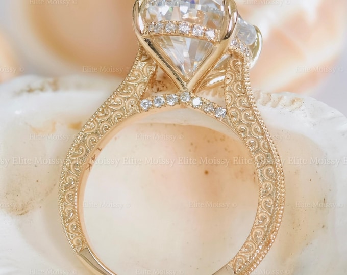 Handcrafted Engraved Art Deco Ring Oval Lab Grown Diamond Engagement Ring Hidden Halo Wedding Ring 14K Solid Gold Ring Art Deco Ring